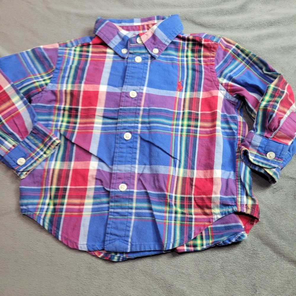 Ralph Lauren Baby Boy Plaid Button Down Shirt Size 12 Months Blue Red Patriotic